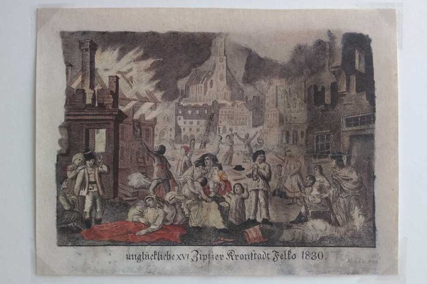 Kolorovaná oceľorytina - Požiar vo Veľkej, 1830 - stav po reštaurovaní